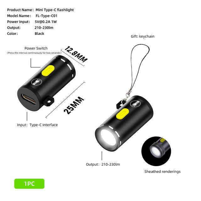 Type-C LED Multifunctional Strong Light Pocket Keychain Flashlight Outdoor Hiking Camping Mini Flashlight Small Torch Light