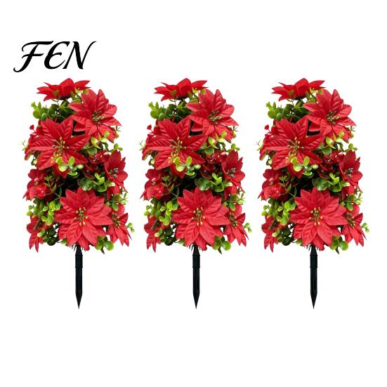 Winter Porch Decor 22" Artificial Poinsettia Flowers with Ground Spikes, Red Christmas Floral Stakes, Waterproof Stakes PVC Simulation Plants