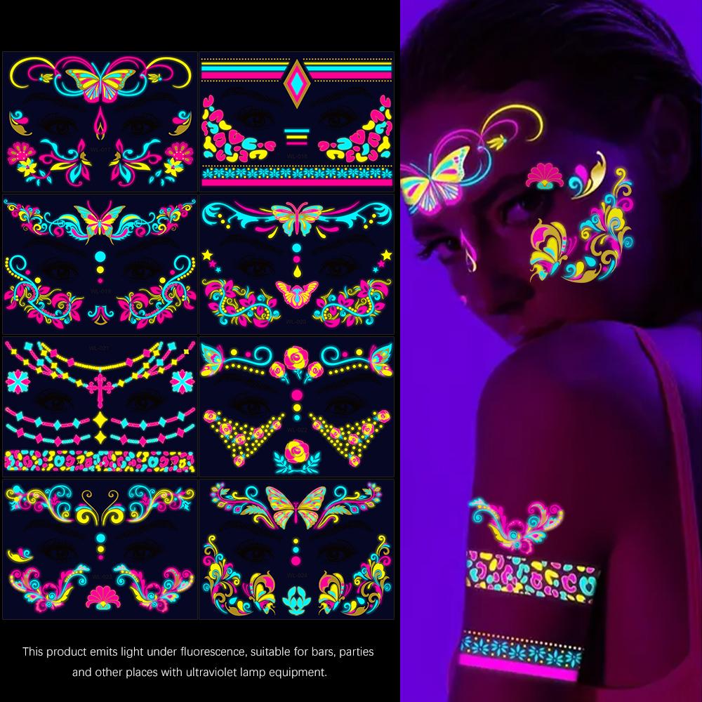 4/8Pcs Fluorescent Face Tattoo Stickers Colorful Flower/Butterfly/Feather Design Temporary Decal Waterproof Makeup/Party Tattoos