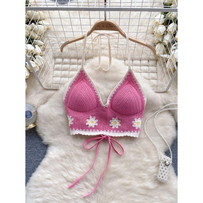 Fresh Crocheted Open Back Sling Bottoming Shirt Halterneck