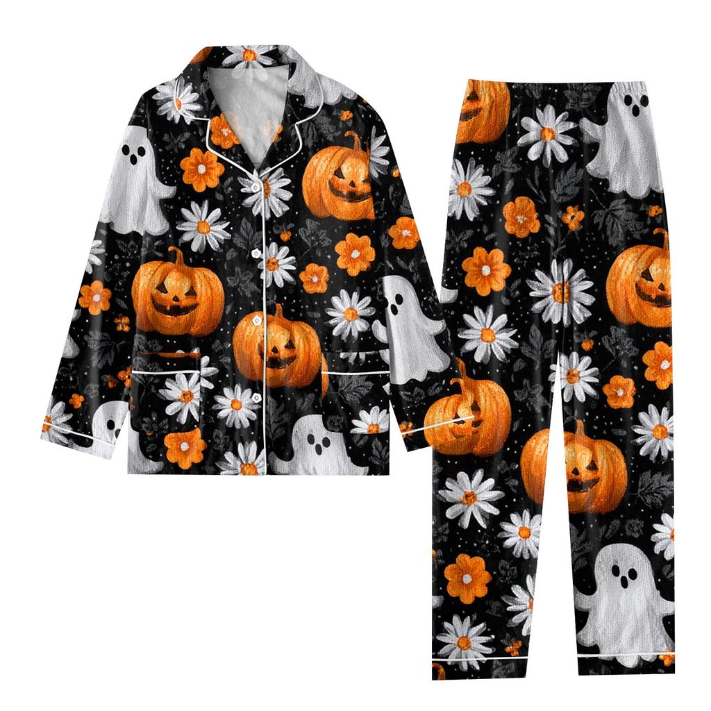 2-teiliger bedruckter Damen-Anzug, langärmelig, Oberteil mit Knopfleiste, weite Hosen, Anzug-Set, Schlafanzug, Home-Casual-Anzug