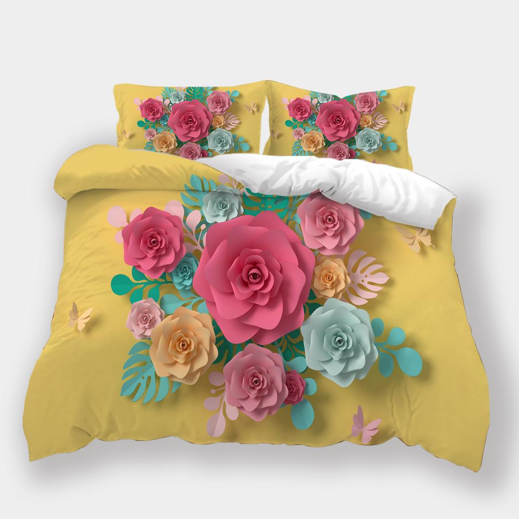3D Printed Flower Bedding, Women's and Girls' Down Duvet Covers and Pillowcases, 2/3pc King Queen Bed Full-size Duvet Cover Gift