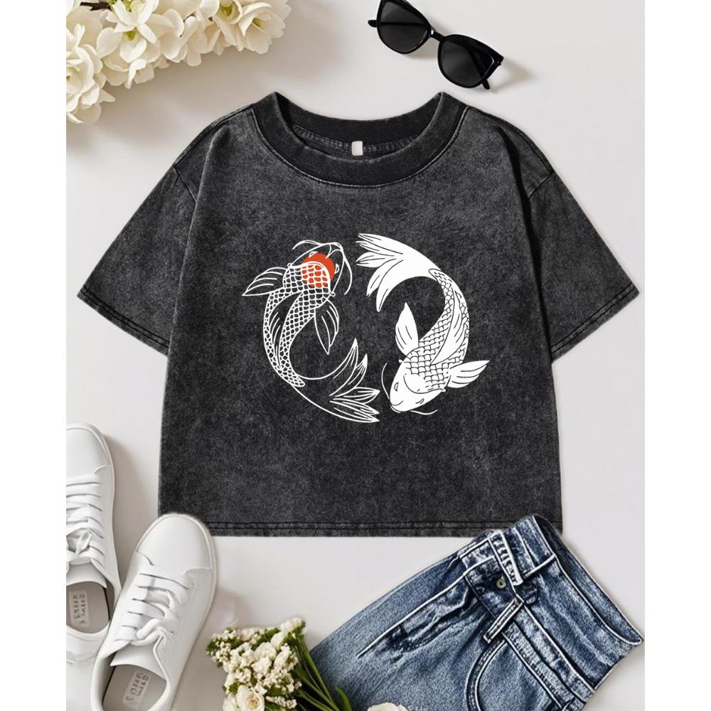 Japanese Koi Harajuku Illustration Print Women Washed Crop T Shirt Cotton Hip Hop Top T-Shirts O-Neck Slim Streetwear