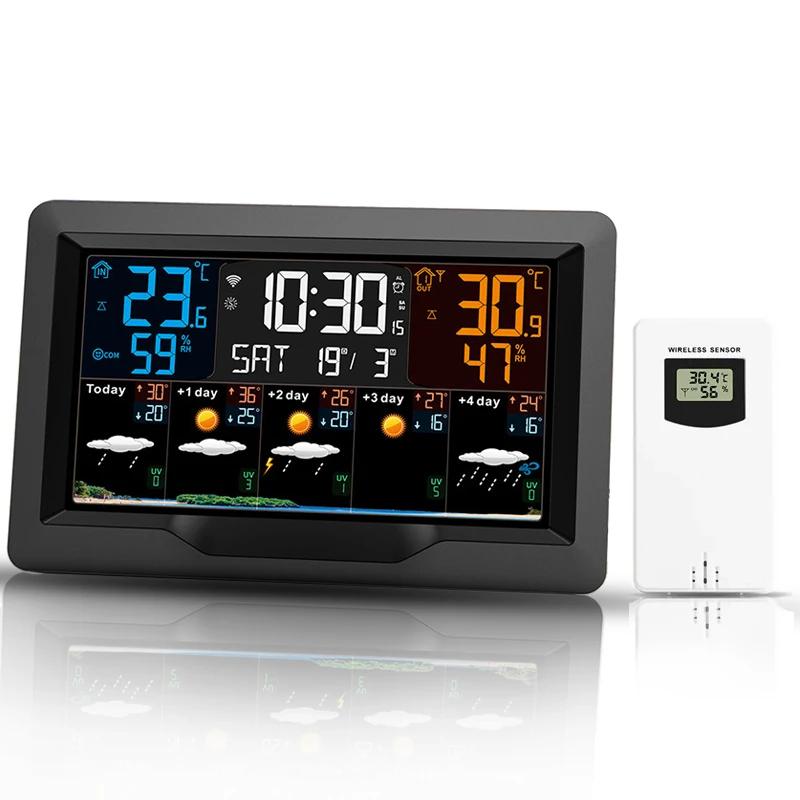 Tuya WIFI Smart Wetterstation Farbbildschirm Innen- und Außentemperatur-Feuchtigkeitsmesser Multifunktionaler Digitaler Wetterwecker