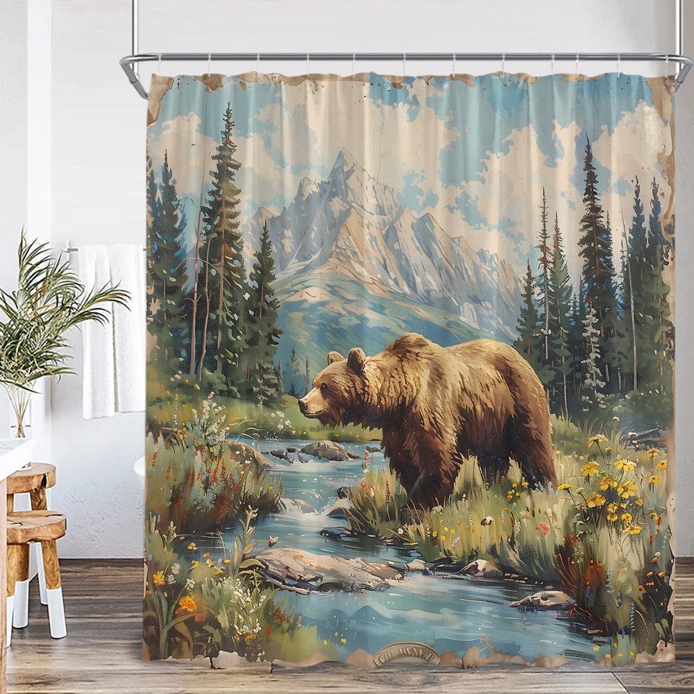 Brown Bear Animal Print Shower Curtain Forest Scenery Snow Mountain Stream Natural Landscape Polyester Bath Curtain With Hook