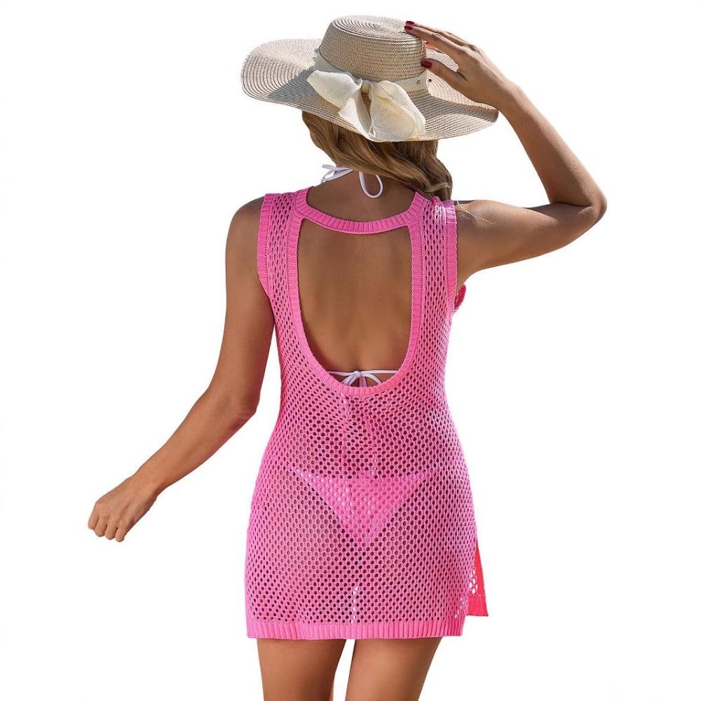 Women's Swimsuit Cover-up Knitted Crochet Hollow-out Back Beach Dress Bikini Cover-up Without Sleeves Connected