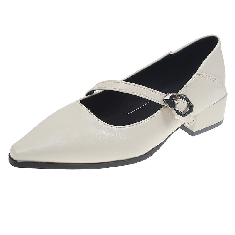 2025 new women's shoes spring thick heel pointed one-word buckle shallow mouth Mary Jane shoes small leather shoes temperament single shoes