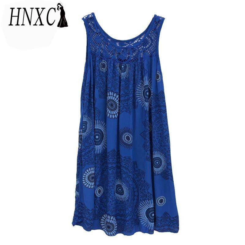HNXC Women's Fashion Summer Spring Solid Color Print Sleeveless O-Neck High Waist Casual Dresses