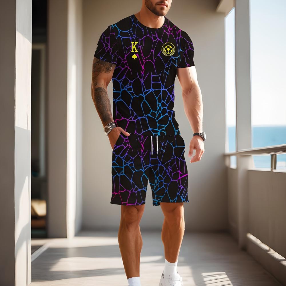 Men s Summer Comfortable Fashionable Colorful Pattern 3D Printed 2-piece Set Leisure Sports Style Loose Oversized Breathable Sports Wear S