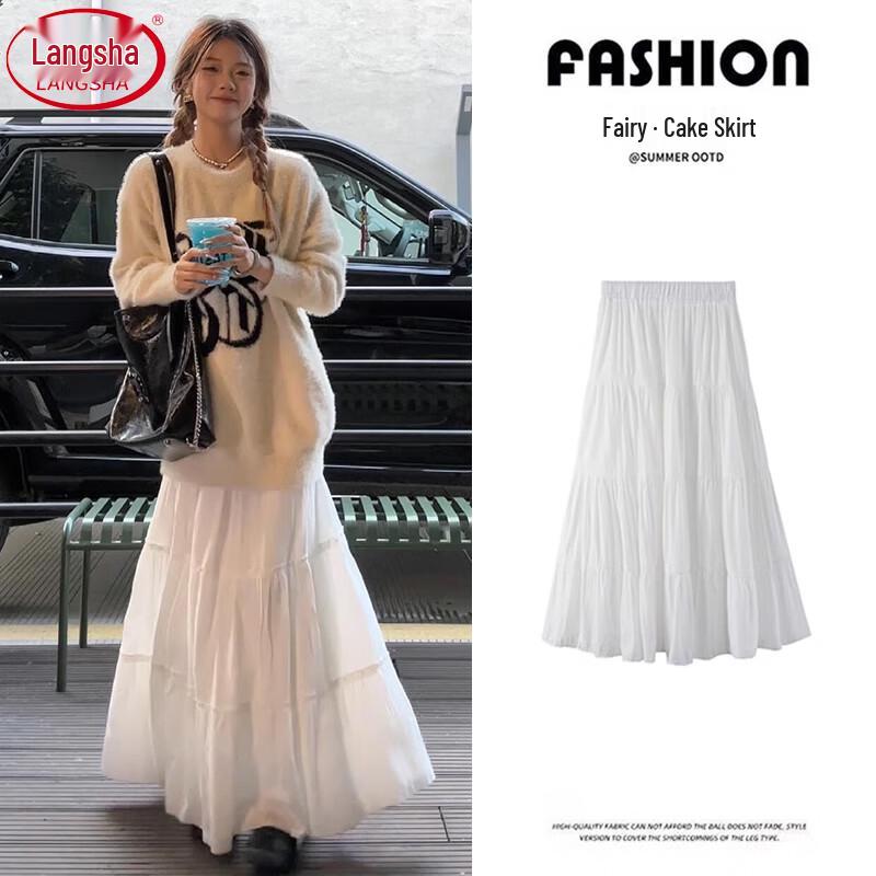 

Langsha Women s High-Waist A-Line Tiered Midi Skirt M