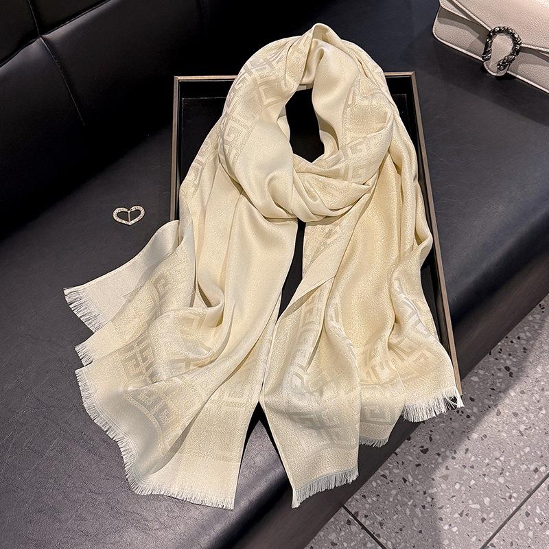 Long Scarf Fashion Simulation Silk Scarf Women'S Fashion Versatile Scarf Shawl Dustproof Premium Tencel Cotton Gold Silk