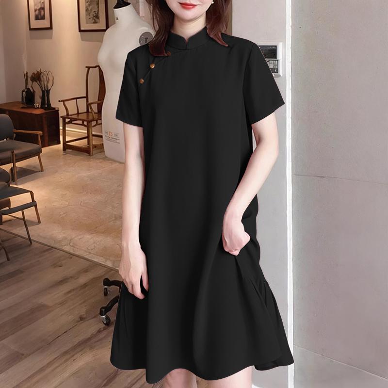 ZANZEA Damen Freizeit Stehkragen Sommer Kurzarm Kleid