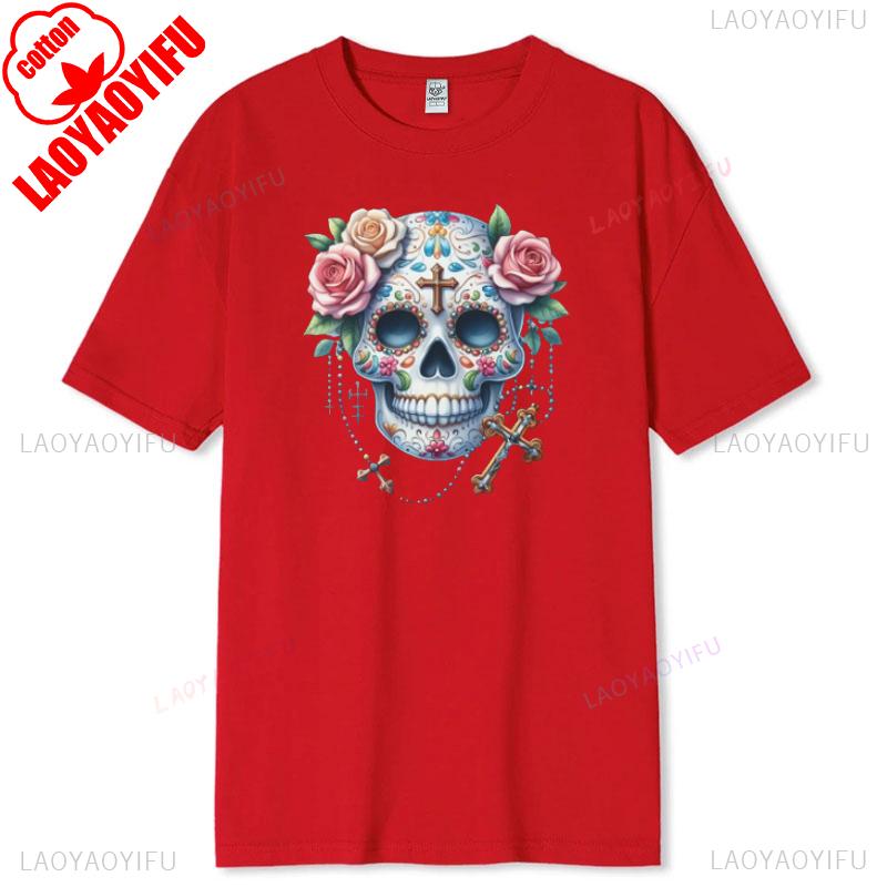 Skull Floral Print Unisex Graphic Tee for Music Lovers Streetwear Fashion Cotton Summer TShirt Short Sleeve Casual Breathable