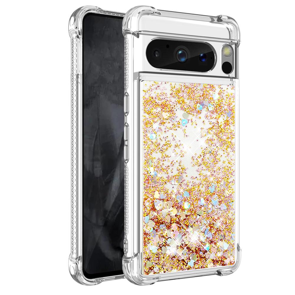 

For Google Pixel 8 Pro TPU Case Glitter Quicksand Shockproof Phone Back Cover Gold/Hearts