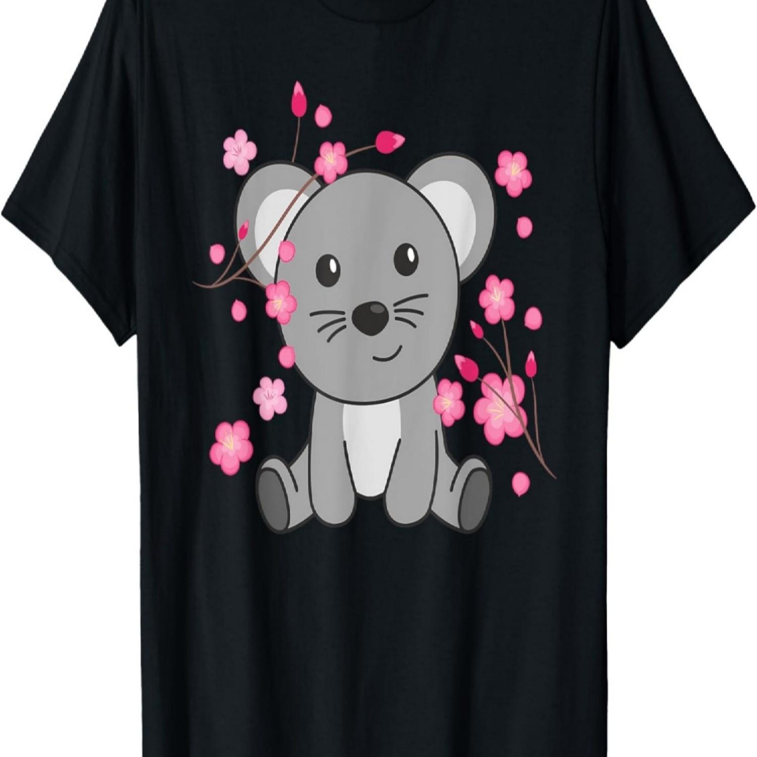 Mouse Cute Animals For Kids Kawaii Cherry Blossoms T-Shirt S чёрный