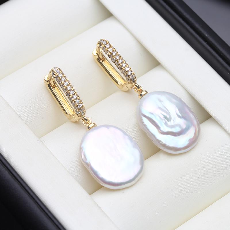 Genuine Original Freshwater Large Baroque Pearl Earrings For Women,Gold Plated Pearl Hoop Drop Earring Wife Mother Gift White