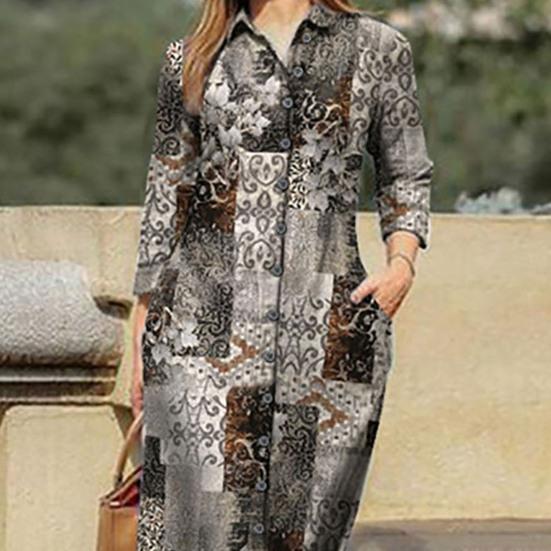 Maxi Dress Turn-Down Collar Long Sleeve Pockets Vintage Floral Print Single Breasted