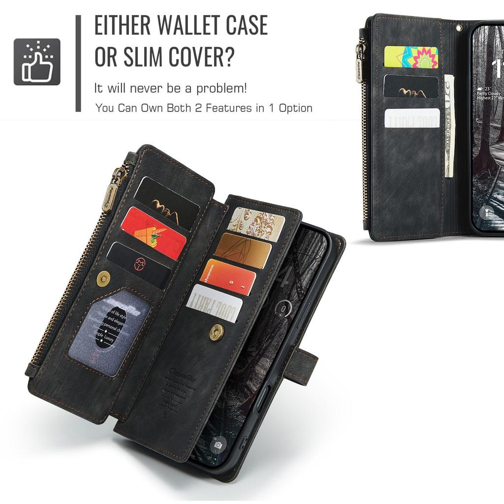 CaseMe-C30 Luksusowe Premium Etui Portfel ze Skóry PU Dla iPhone17 16 15 14 13 Pro Max Wielofunkcyjne Etui z Zamkiem Błyskawicznym na Karty Osłony Ochronne Skórki+Pasek