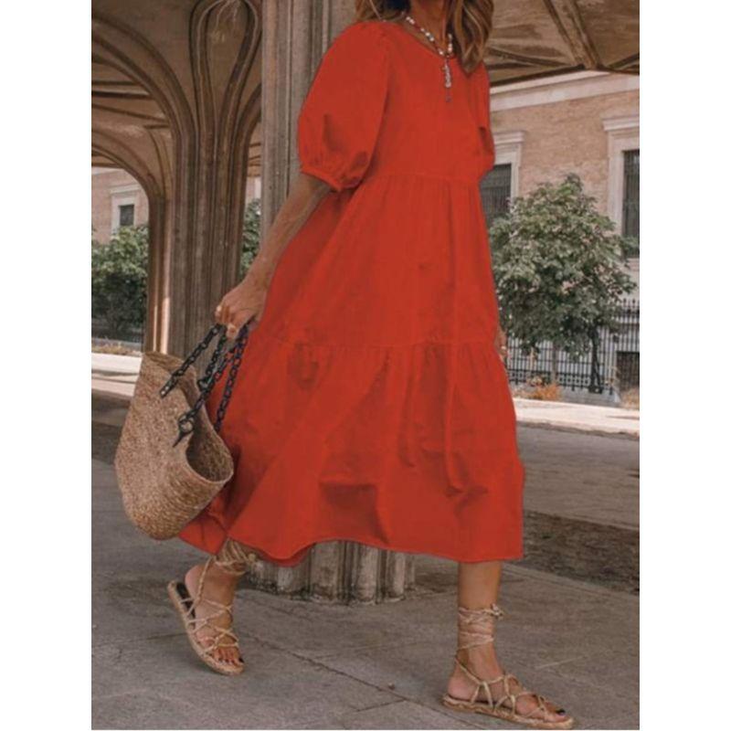 Plus Size Chubby Girl Fashion Style Summer Fashion Round Neck Pure Color Loose Short Sleeve Dress Beach Dress for Women S-5XL