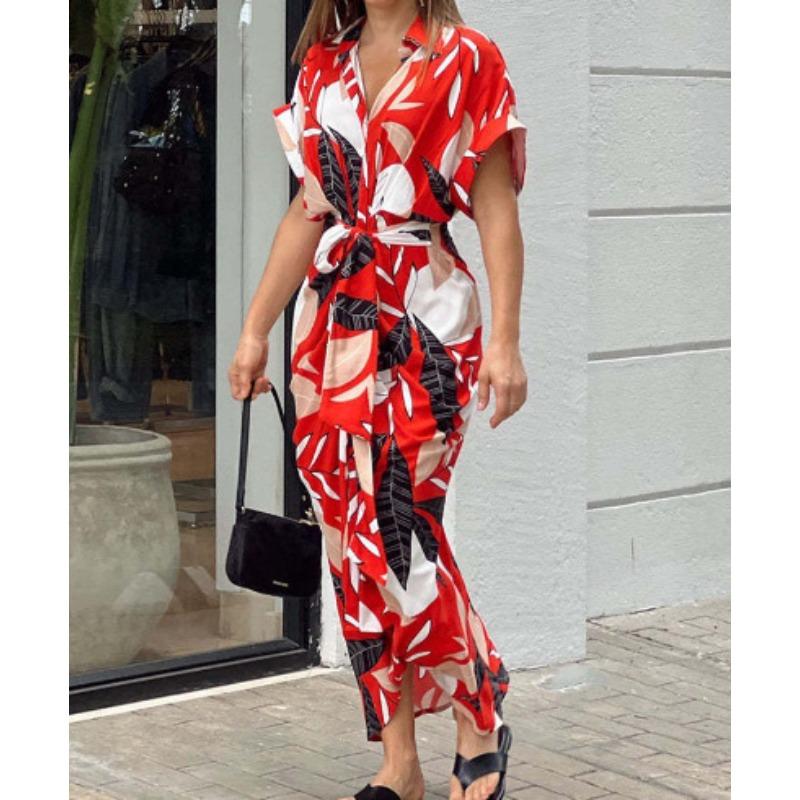 Women's fashion new lapel mid-length short-sleeved single-breasted high-waisted shirt skirt dress