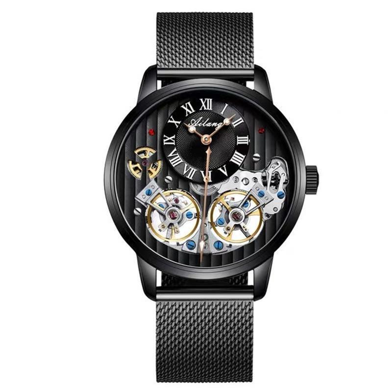 AILANG Orologi da Uomo Nero Doppio Tourbillon Cinturino in Pelle Orologi Meccanici Automatici Tourbillon Volante Impermeabile