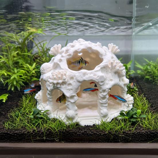 Fish Tank Shelter Coral House Landscaping Ornament, 3D Printed Reptile Hideout Shrimp Breeding Cave Cave, Durable PLA Habitat for Small And
