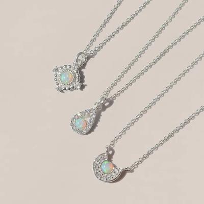 925 Sterling Silver Opal Birthstone Simple Silver Necklace (Select 1 of 3)
