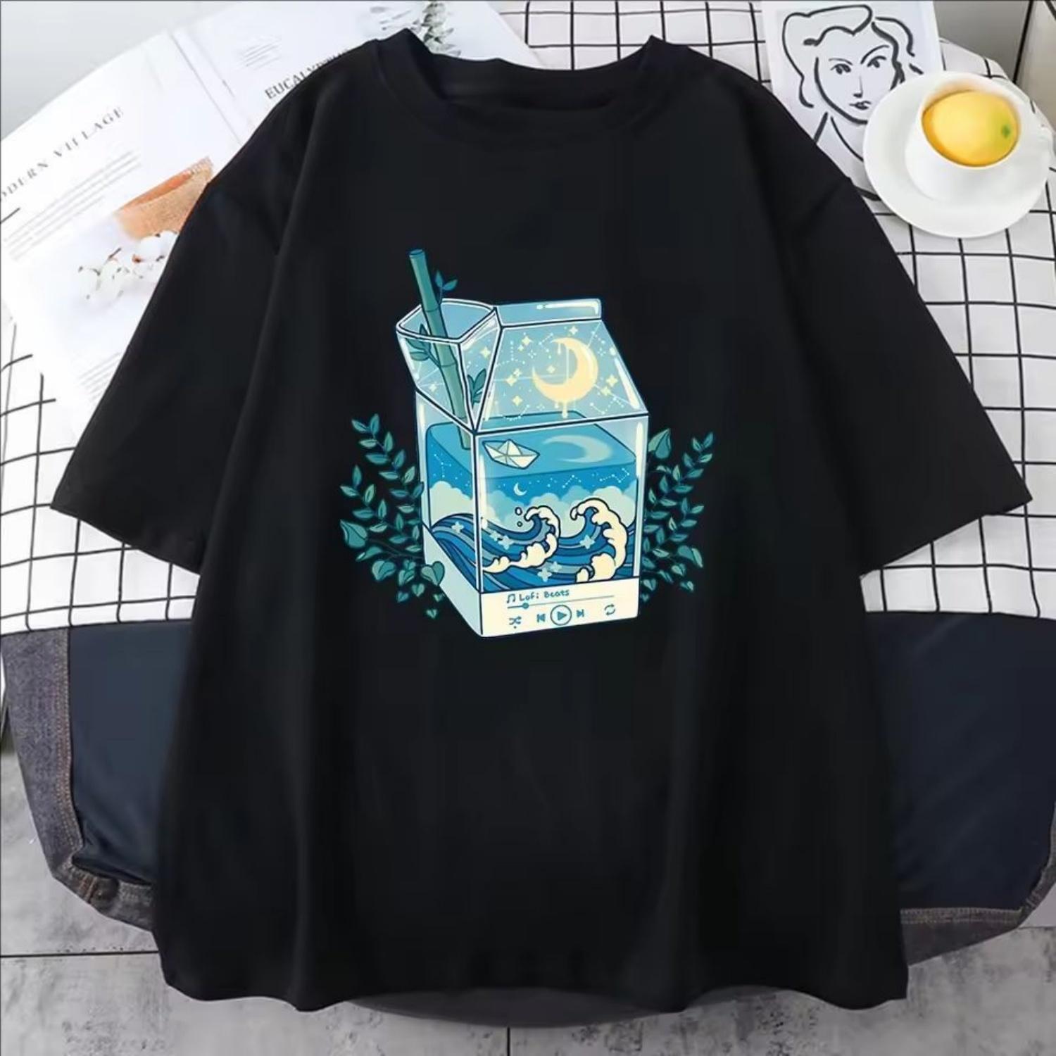

Milk Box Moonlight Wave Print Clothing Creative Casual Round Neck T-shirt Full Math Breathable Short Sleeve Women Clothing Y2K S чёрный