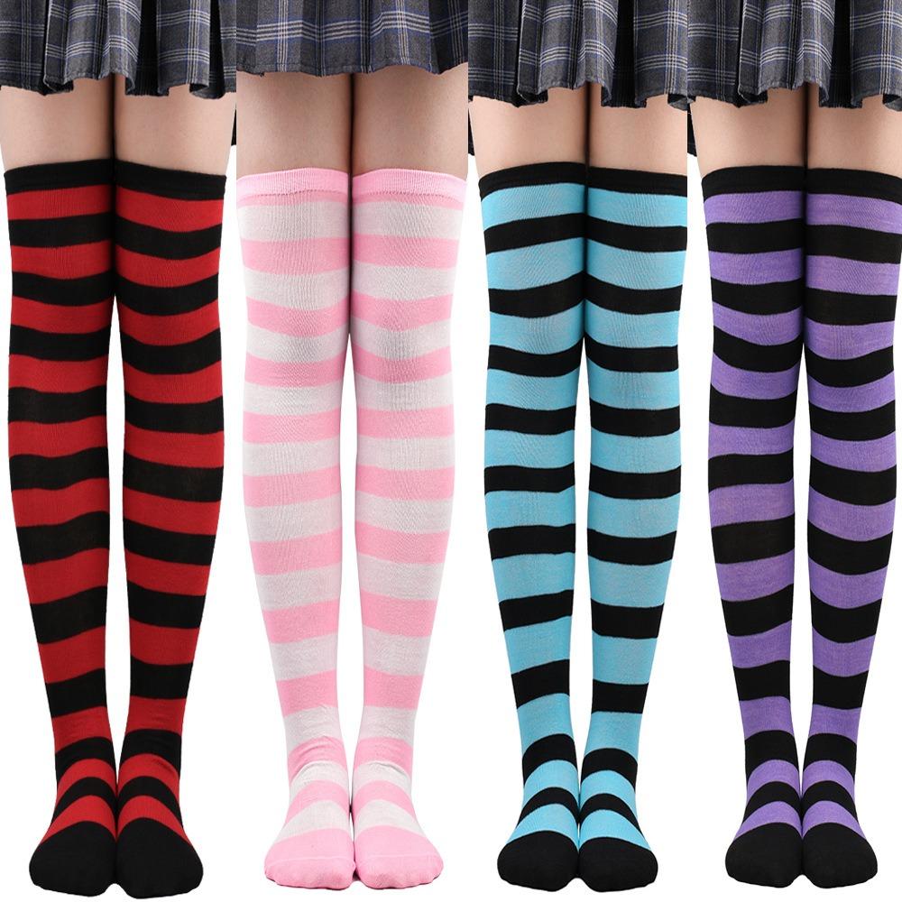 Farbig gestreifte Strümpfe Japanische Overknee-Socken Mode Damen Warmhalten Socken Sexy Schlank Lange Socken Schwarz Weiß gestreifte Strumpfwaren