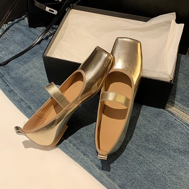 Leather Retro 2025 New One-word Elastic Band Square Head Shallow Mouth Ballet Shoes Flat Single Shoes Women