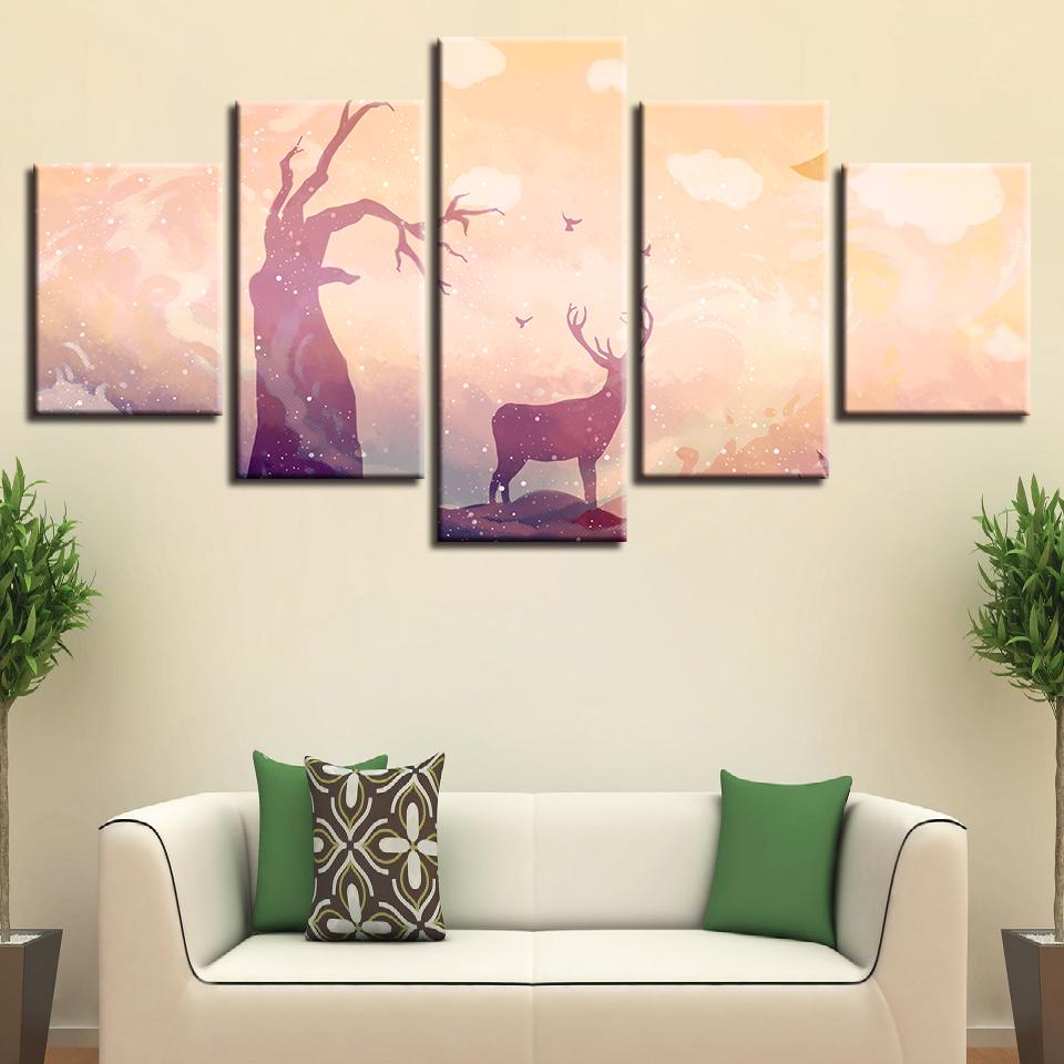 Wall Art 5 Panel Deer Tree Home Decor Abstract Painting Canvas Poster Landscape For Living Room Modern Printed Pictures Frame No Frame