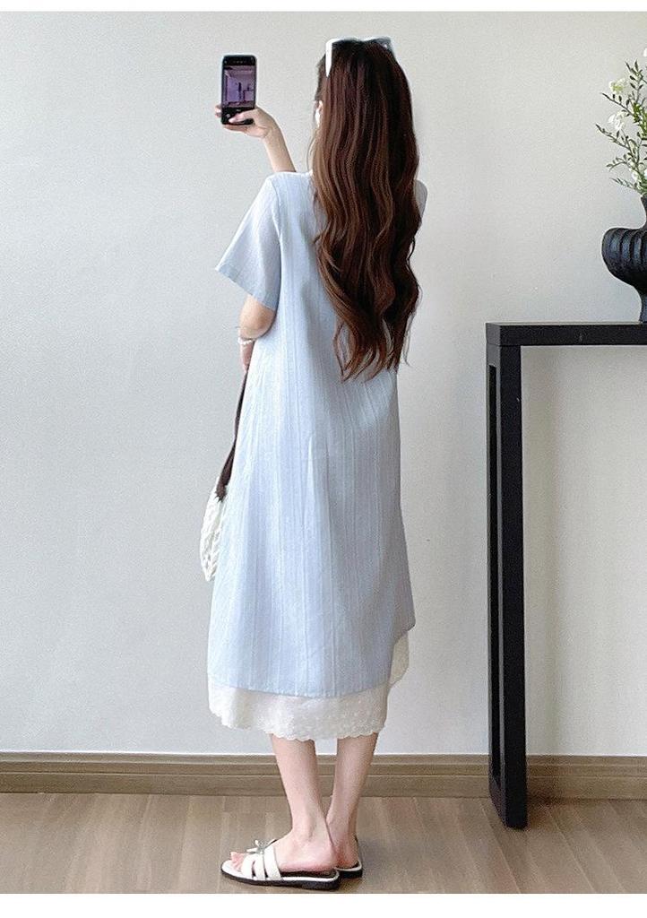 Striped Lace Patchwork Bow Maternity Dress