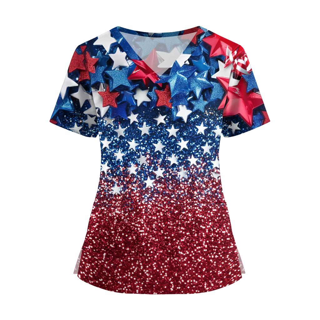 Women's V Neck Short Sleeve Work Top with Pockets Split Hem Independent Day Print Shirt Medical Uniform Nurse Scrub Shirt
