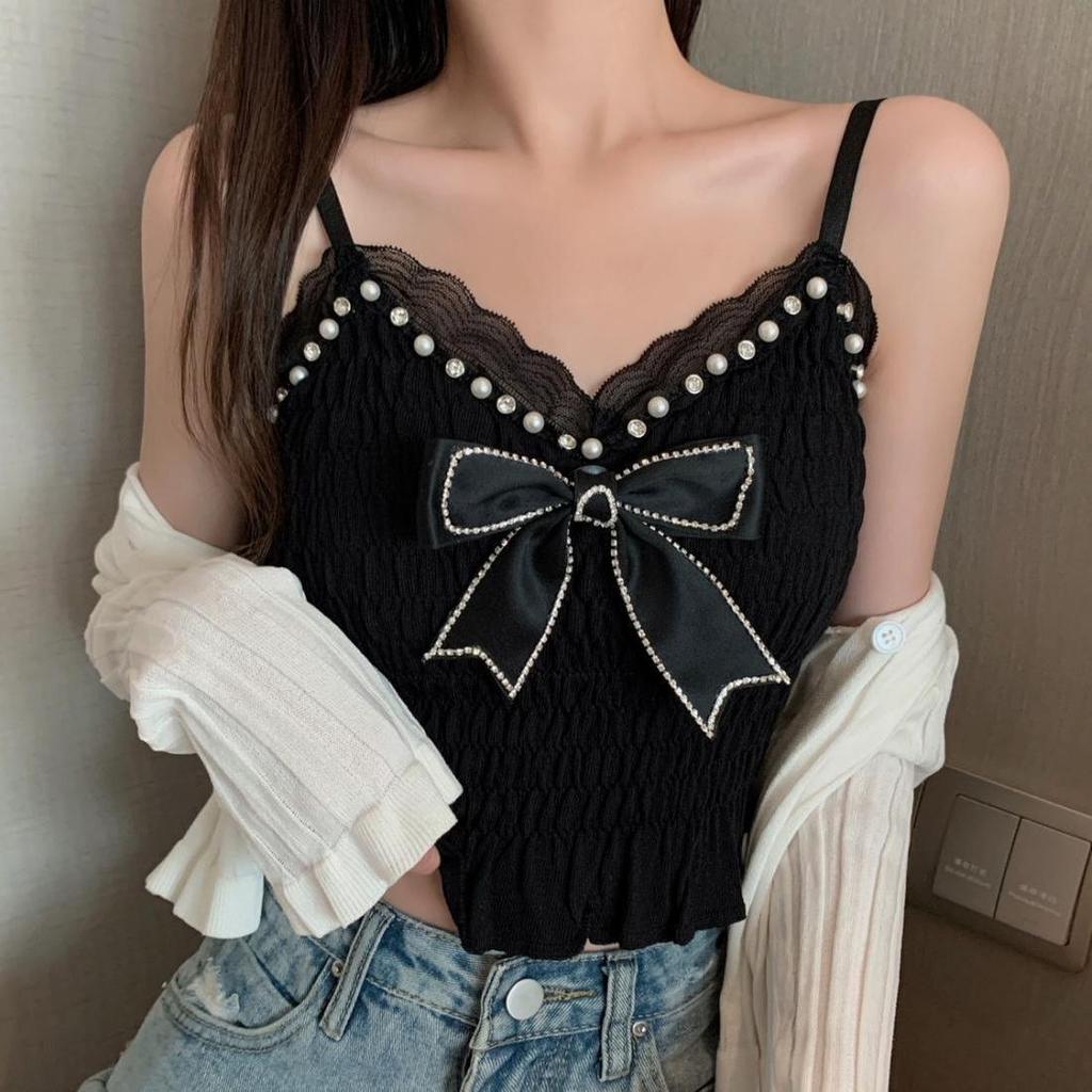 Folded Mesh Spliced Chest Wrapped Vest Short Style Nail Bead Bow Wooden Ear Strap Top for Women