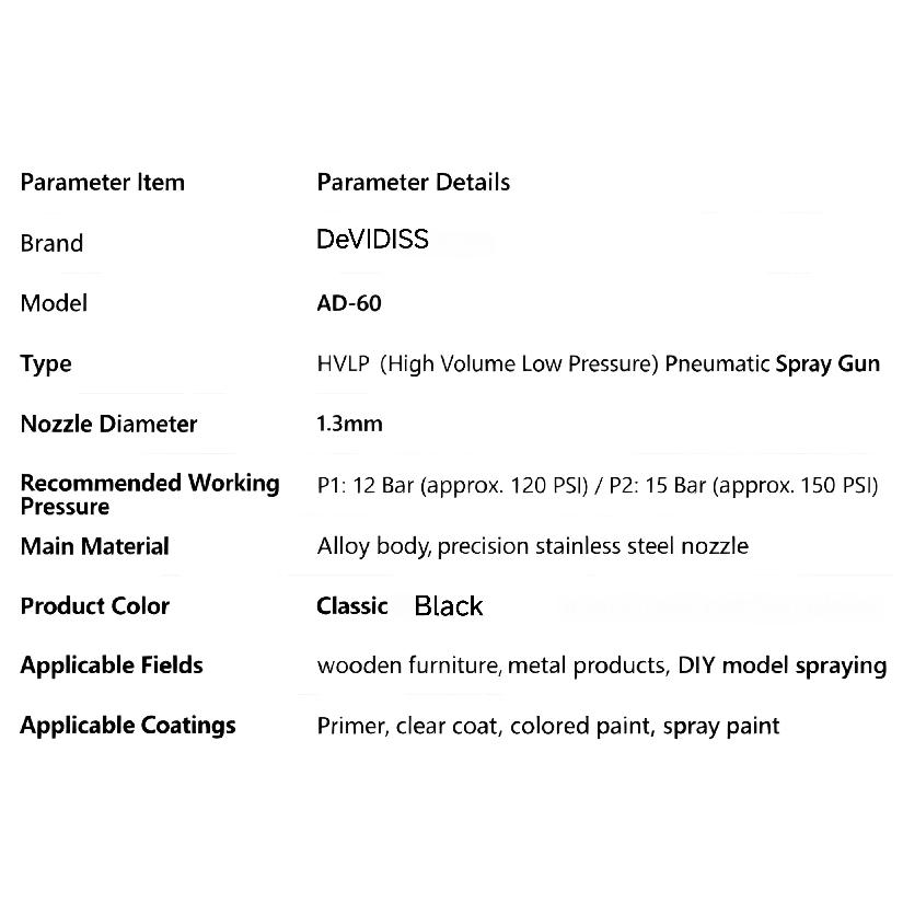 DEVIDISS AD-60 Pneumatic Varnish Paint Spray Gun High Atomization Low Pressure 1.3mm Nozzle Gravity Feed