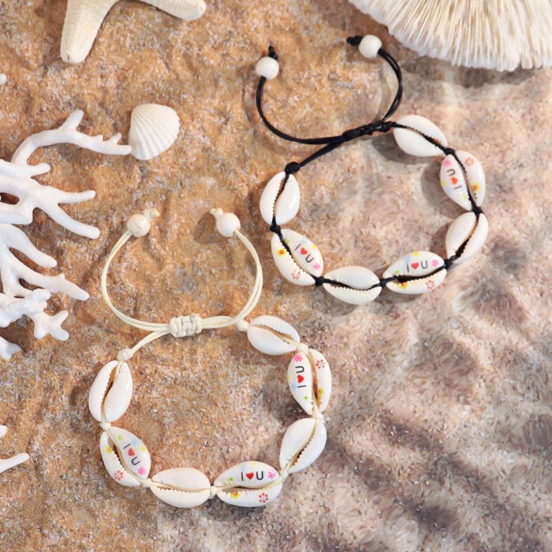 1011 Ocean Resort Wind Starfish Shell Bracelet, Daisy Rainbow Print Hand Rope Tide