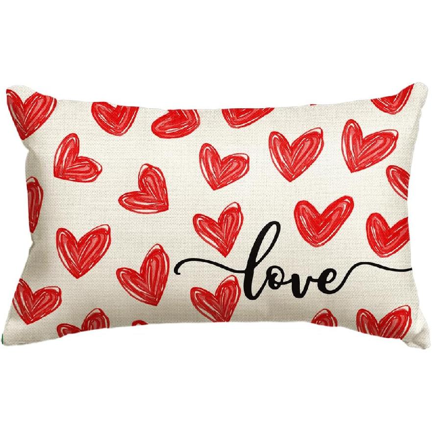 AVOIN colorlife Valentine's Day White Love Heart Throw Pillow Cover, 12 x 20 Inch Red Anniversary Wedding Cushion Case Decoration for Sofa Couch