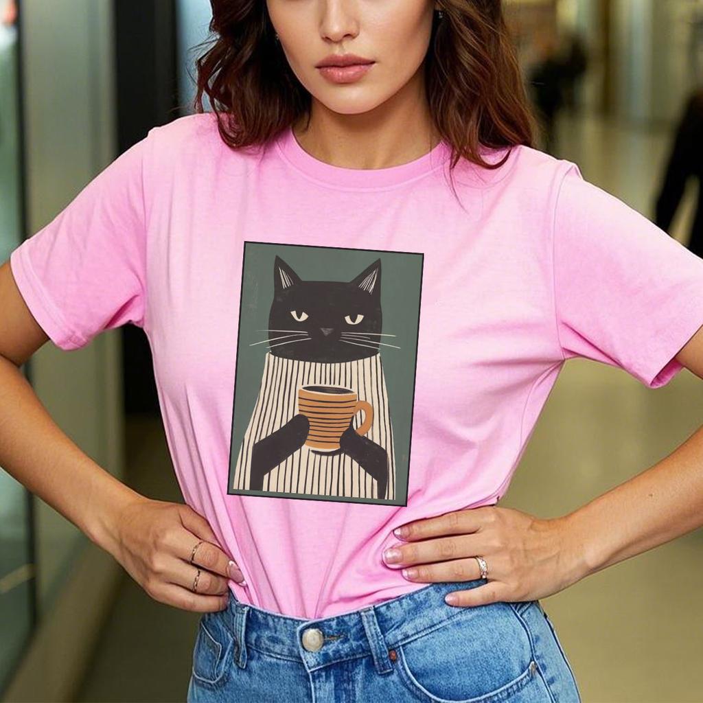 Fun cat tea printed Tshirt casual short sleeved round neck top versatile Womens Tshirt suitable for all seasons