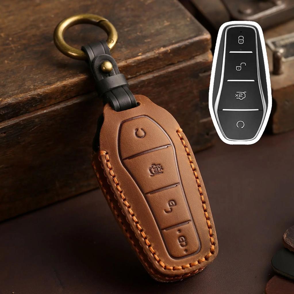 Genuine Leather Auto Intelligent Key Fob Cover Case Fit For Byd Atto 3 Atto3 Dm Tang Song Dm-I Max Pro Qin Pro Yuan Ev Dolphin ,4 Bottons