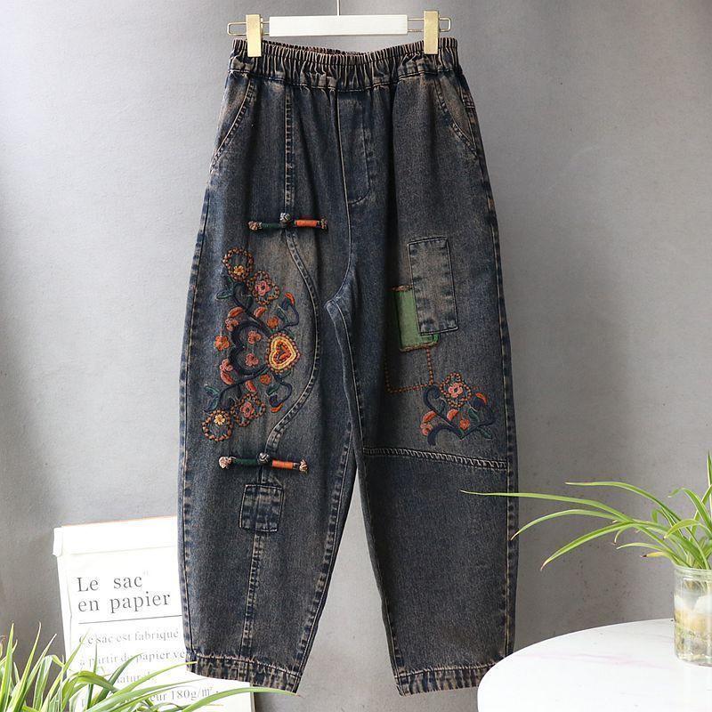 

Вышитые джинсы для женщин свободные и универсальные ретро повседневные эластичные джинсовые брюки гаремного типа 3XL