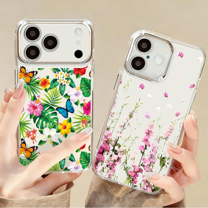 Floral Pattern Case For iPhone 17 Pro Max iPhone 16 15 14 13 Pro Max 11 17e 16e Plating Lens Frame Clear Soft Silicone Back Cover