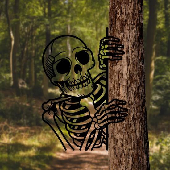 Vyhlížející kostra Zahrada Znamení Kovová silueta kostry Dekorace Zahrada Halloweenská dekorace Znamení kostry pro strašidelnou zahradu Veranda Strom Plotový sloupek