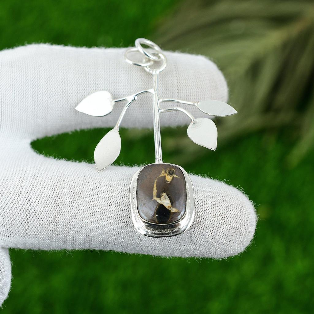Natural Moroccan Mud Crack Fossil Gemstone 925 Sterling Silver Pendant For Girls