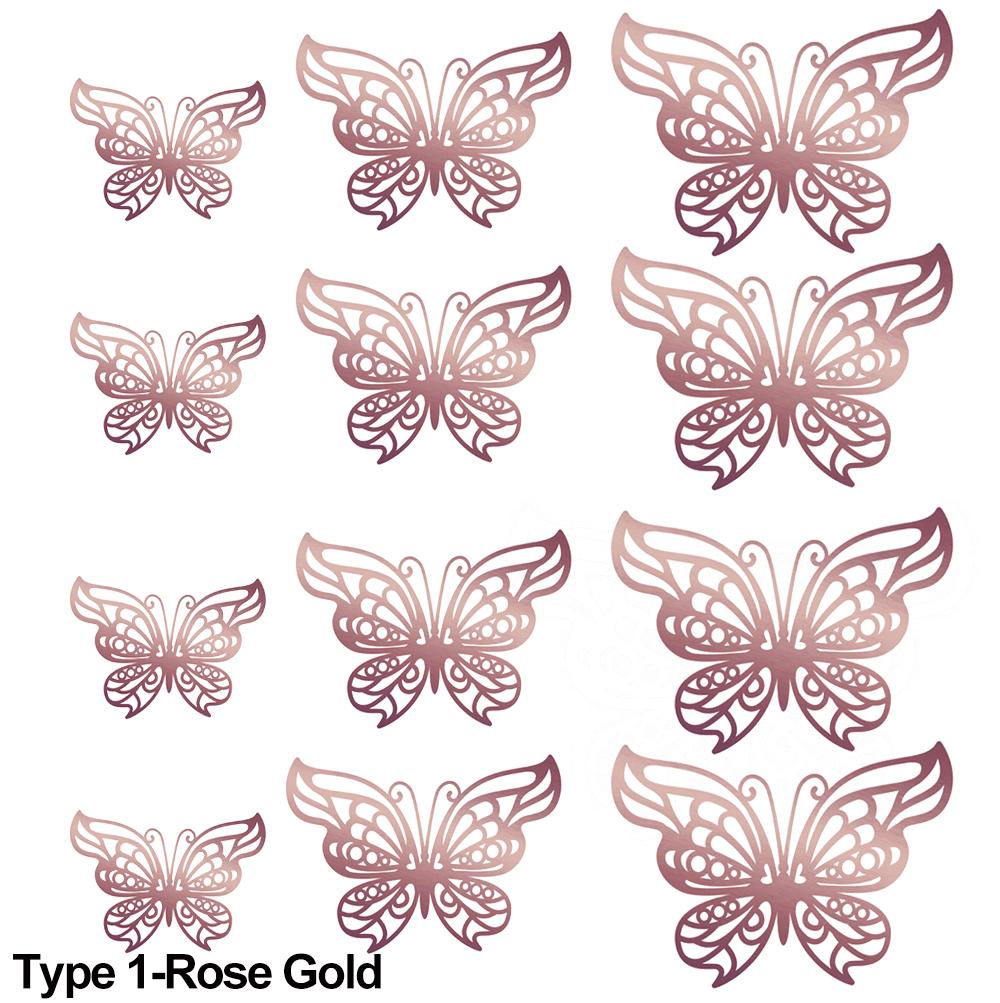 12Pcs/Pack 3D Hollow Out Butterfly Stickers Gold/Silver/Rosegold Mirror Decals Metal Texture Wall Art Wedding Party Supplies