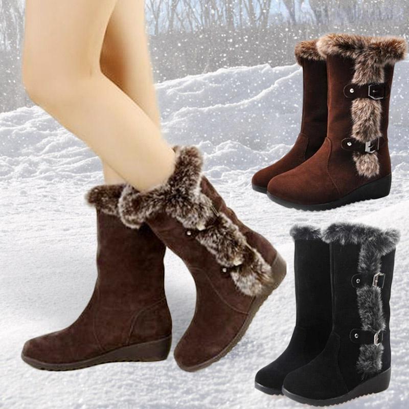 Women Snow Boots Slip-On Faux Fur Winter Shoes Mid-Calf Boots with Wedge Heel