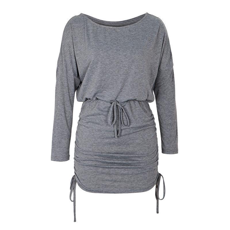 Dámské jarní a podzimní šaty Jednobarevné šaty s dlouhým rukávem s netopýřím rukávem