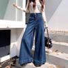 Damen Retro Blaue High-Waist Weitbeinige Jeans - 2024 Frühling/Herbst Stil, Taschen Design, Bodenlang