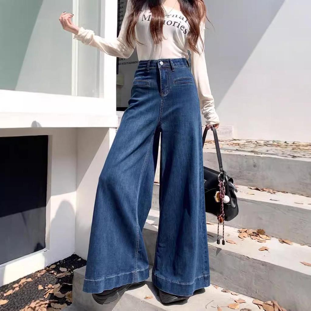 Damen Retro Blaue High-Waist Weitbeinige Jeans - 2024 Frühling/Herbst Stil, Taschen Design, Bodenlang