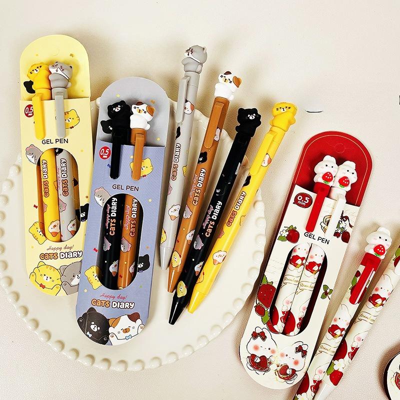 2 ks/sada Kawaii Králíček Jahoda Sada per Estetická Gelová pera s tlačítkovým mechanismem 0,5 mm Černý inkoust Roztomilé Studentské potřeby Hladké psaní