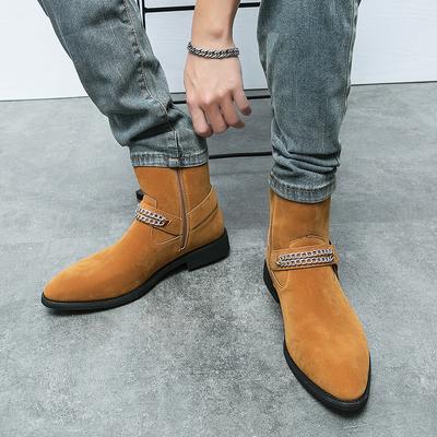 Fashion Golden Sapling Punk Shoes Streetlish Chain Decoration Men Chelsea Boots Pointed Toe Flock Leather Male Botas Party Formal Shoe